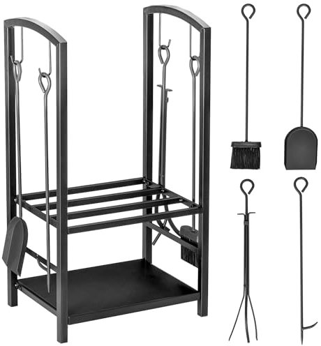 Outsunny Portalegna Elegante in Metallo Su 2 Livelli Con 4 Utensili da Camino Robusto e di Qualità 40x30x74.5cm Nero