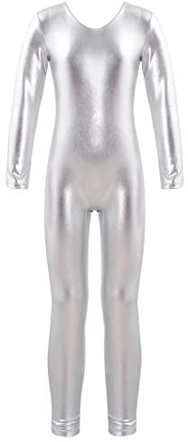 YOOJIA Kinder Mädchen Sportbody Metallic Langarm Gymnastikanzug Glanz Ballett Body Overall Ganzanzug Tanz Unitard mit Reißverschluss Silber A 122-128