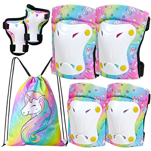 FIODAY Knee Pads for Kids Toddler Knee Pads and Elbow Pads Wrist Guards with Drawstring Bag Adjustable Protective Gear Set for Girls Boys Skating Cycling Skateboard Scooter,3-8 Years,Rainbow