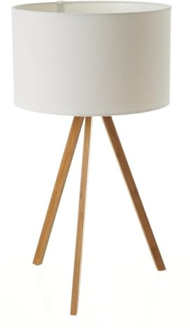 LOLAhome - Lámpara de mesa trípode en bambú natural de Ø30x55 cm. Pantalla cilíndrica de lino blanco. Diseño nórdico versátil para salón o dormitorio. Aporta luz decorativa y moderna.