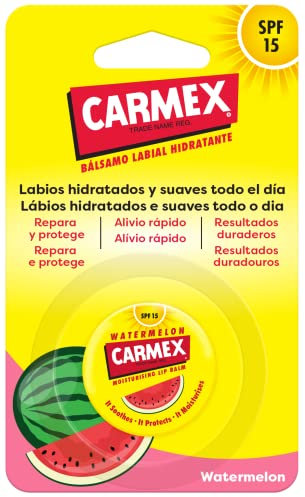 Carmex Bálsamo Labial SPF15, Tarro Sandía, 7,5g. Hidrata, protege, repara, calma y suaviza los labios.