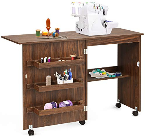LIFEZEAL Armadietto per Cucito, Tavolo per Macchina da Cucire, Tavolo da Stiro, 5 Ruote, 3 Mensole e 1 Ripiano, Piano Pieghevole, 117x40x 77cm, Legno, Marrone