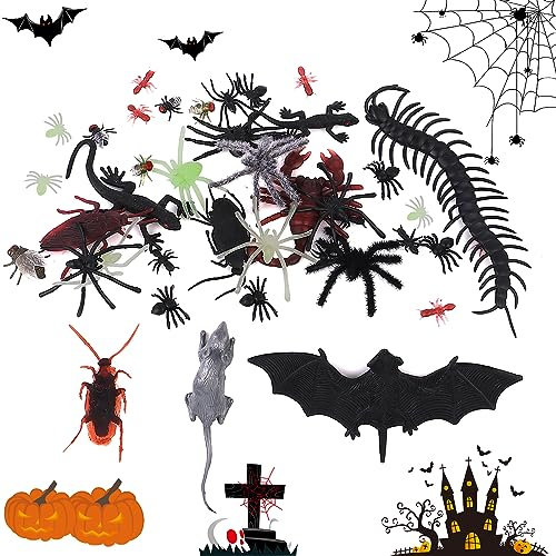 Amaxiu Kit d'Halloween avec coléoptères réalistes, 44 pièces, blagues, faux cafards, araignées, gecko, scorpions, mille-pattes, chauve-souris, fourmis pour décorations de fête