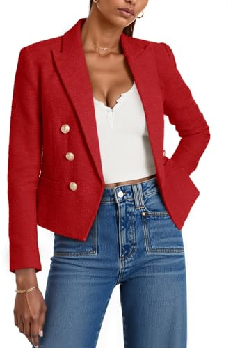 Cicy Bell Women Cropped Tweed Blazer Jackets Lapel Open Front Long Sleeve Business Suit Jackets with Pocket Red