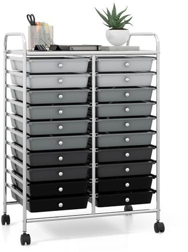 GiantexUK 20 Drawers Storage Trolley, Multipurpose Mobile Rolling Cart with Lockable Wheels, Rolling Utility Shelving Organizer Unit for Home Office Salon (Gradient Black)