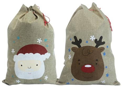 Conjunto de 2 Sacos Navideños - Bolsas de Regalo Medianas con Cordón 35x50 cm - Bolsas de Navidad Reutilizables para Regalos y Decoración. Dos Diseños: Papá Noel y Reno.