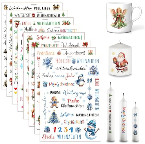 Velas tatuajes navideñas, 8 unidades, velas, tatuajes navideños, láminas deslizantes de agua, pegatinas de velas de Navidad, pegatinas para velas de Navidad para velas y cerámica (B)