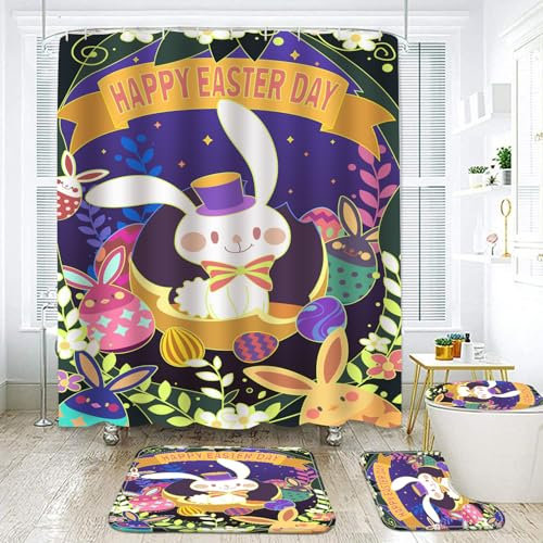 Duschvorhang Lila Kaninchen Orange Badezimmermatte Verdickung Bad Teppiche Set, Duschvorhang Stoff+Bath Mat rutschfeste(50x80cm)+U-Typ Fußmatte Wasseraufnahme+Toilette Badmatte