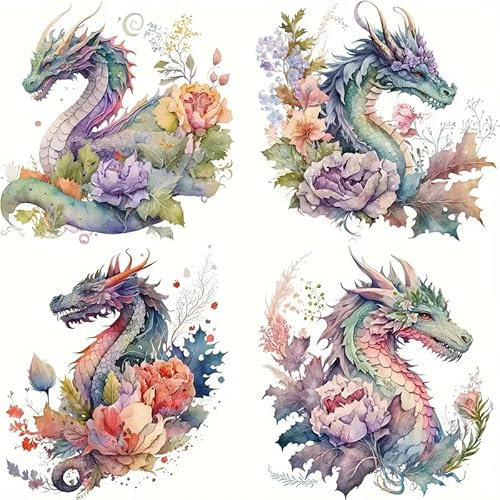 4pcs Flower Leaf Dragon Flower Heat Iron On Transfers for T-Shirts Rub on Transfers Stickers Vinyl Ready to Press Stickers Iron on Decals for T-Shirts Clothing Hoodie DIY Crafts