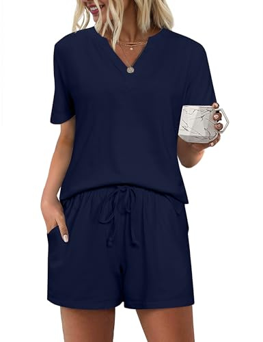 Bresdk Conjunto de Pijama Mujer Verano Corto Algodón Camiseta de Manga Corta y Pantalón Ropa de Dormir Suave Lounge Set Azul L