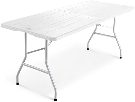 KEPLIN 6ft Folding Table with White Wood Slate Patterned Top, 180x70x74cm – Sturdy Metal Frame, Waterproof, Portable & Easy Assembly – Ideal for Parties, BBQs, Camping (Wood Slate)
