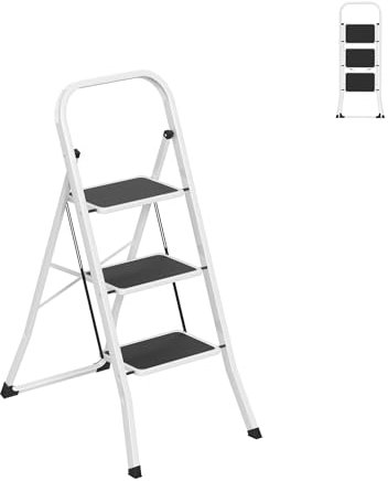 YRHome Escabeau pliable à 3 marches avec main courante - Échelle domestique - Stable, extra large, facile à plier, max. 150 kg pour la maison et le bureau (noir/blanc)