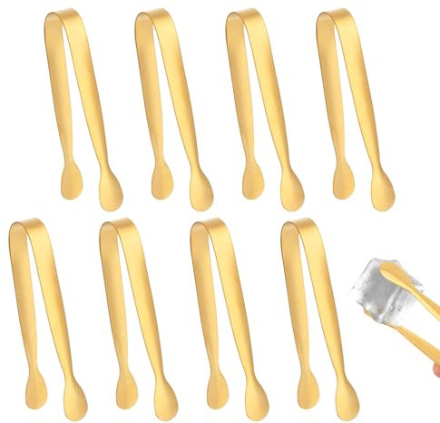 8 Mini Pinze in Metallo, 11 cm, Piccole Pinze da Cucina in Acciaio Inossidabile per Servire Cibo Cubetti Ghiaccio Cubetti di Zucchero Buffet Tè Caffè Bar (Oro)