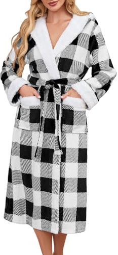 Niwicee Dressing Gown for Women Fleece Fuzzy Bath Robe Hooded Warm Soft Fluffy Bathrobes Ladies Housecoat Loungewear Bathrobe Long Robe S-XL