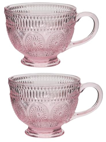 Dibor Vintage Style Glass Mugs Mandala Embossed Pink Footed Teacup Style Cappuccino Cups for Tea/Coffee/Hot Chocolate Baroque Tea & Coffee Glasses with Handles Christmas Dining Gift Idea 400ml (2)