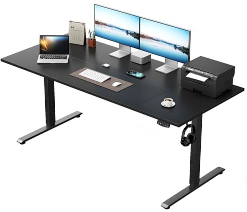 Klicelor Height Adjustable Electric Desk, 2 Memory Buttons, 160x80cm | 80cm wider Standing Desk, 72-116cm, Sit-Stand Office Desk with 2 Hooks, Computer Desk for Home Office, 4 pcs Desktops, Black