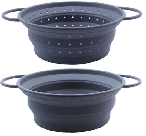 2 Set di Colini Pieghevoli in Silicone, Set di Scodelle e Filtri per Alimenti, Filtro Cestino Cucina Domestica Campeggio con Manico, Drenante per Frutta Verdura Pasta