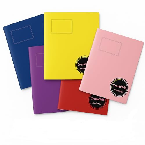 CreateNote Inpiration Lot de 5 Cahiers A4 96 Pages Grands Carreaux Seyès – Protège Cahier Plastique Amovible – Cahier Scolaire École Primaire Collège Lycée – Couleurs Assorties – Personnalisable