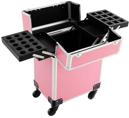 Valigetta cosmetica rotante, trolley per trucchi con molto spazio professionale, per cosmetologi e saloni di unghie, robusta e facile da trasportare con rotelle, beauty case, valigetta multiuso, rosa