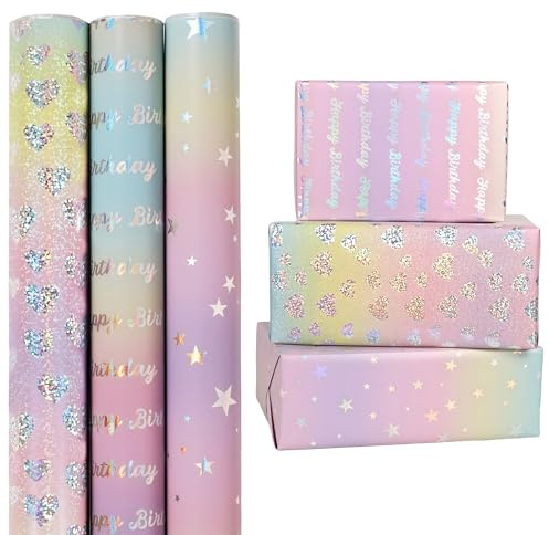 SinHin Birthday Wrapping Paper Roll，3 Rolls - 43cm x 3M Pastel Wrapping Paper Rainbow Recyclable Foil Gift Wrap for Girls Women Mother's Day Easter Baby Shower Party Decoration