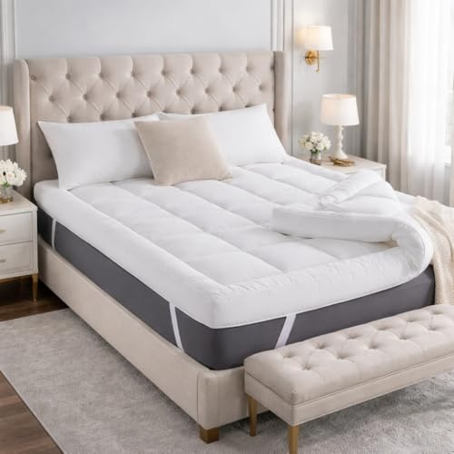 Mattress Topper Double Bed - Extra Thick 2 Inches / 5cm Bounce Back with Elasticated Corner Straps Soft and Breathable, Hypoallergenic Comfy Bed Mattresses Toppers (Double)