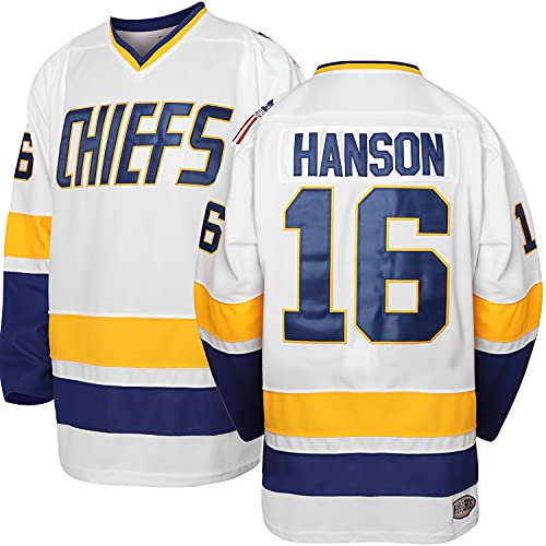 Phoneutrix Hanson Brothers Charlestown Chiefs 16 Jack 17 Steve 18 Jeff Slap Shot Movie Hockey Jersey Blau, 16 Weiß, XL