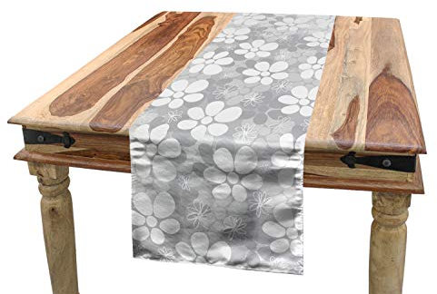 ABAKUHAUS Blumen Tischläufer, Romantische Overlapping Blumen, Esszimmer Küche Rechteckiger Dekorativer Tischläufer, 40 x 180 cm, Hellgrau Weiß