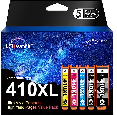 Uniwork Remanufactured 410XL Ink Cartridge Replacement for Epson 410XL 410 XL T410XL use for Expression XP-830 XP-640 XP-7100 XP-630 XP-530 XP-635 Printer Tray (Latest Upgraded Chip, 5 Pack)