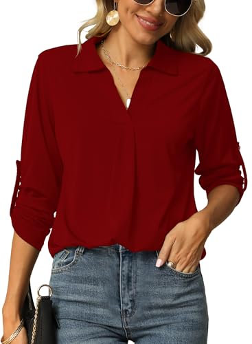 Odosalii Women Shirts and Blouses Summer Chiffon Tops Long Sleeve V Neck Flowy Polo Shirts Office Smart Elegant Tunic Blouse A-Wine Red