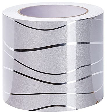 VisitRyl Bordure De Papier Peint Frise Murale Adhesive Bordure Papier Peint Frise Autocollante Pour Cuisine, Salle De Bains, Plafond, Salon, Chambre DéCoration Murale Vague D'Argent 20cm X 500cm