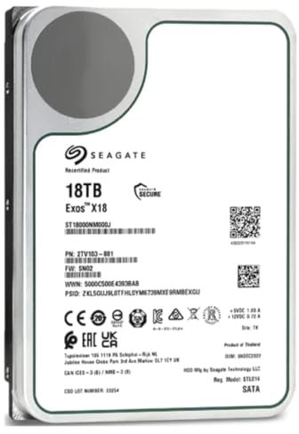 Seagate Exos X18 Enterprise, disco duro de 18 TB, CMR de 3,5', SATA de 6 GB/s, 7200 rpm, 512e, 4Kn FastFormat, baja latencia con almacenamiento en caché mejorado, número de modelo: