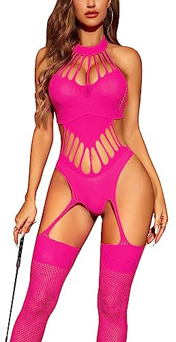 RSLOVE Damen Fishnet Bodystocking Dessous für Frauen verführerische sexy Strumpfhosen Outfits Neon Pink One Size