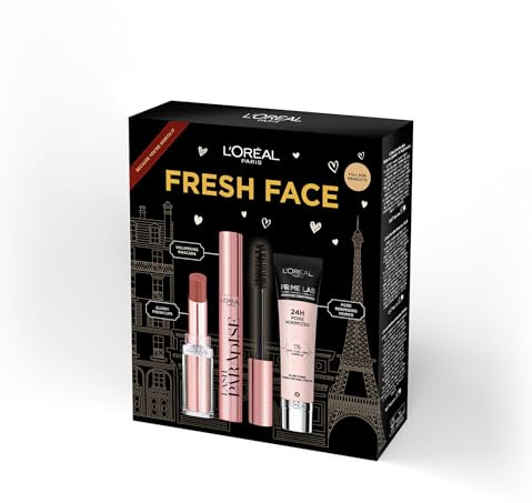 L'Oréal Paris Fresh Face Primer, Lipstick & Mascara Trio Gift Set Prime Lab 24H Pore Minimiser Primer, Hydrating Balm-In-Lipstick In 191 Nude Heaven & Lash Paradise Mascara Enriched With Castor Oil