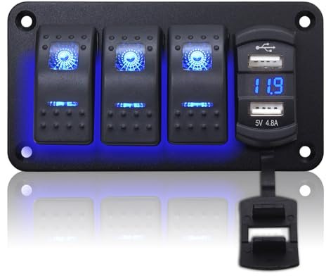 Geloo 3 Gang Panel de Interruptores Impermeable, 12V/24V Marina Panel de Interruptores Interruptor basculante con 4.8A Dual USB LED Voltímetro Interruptor de palanca