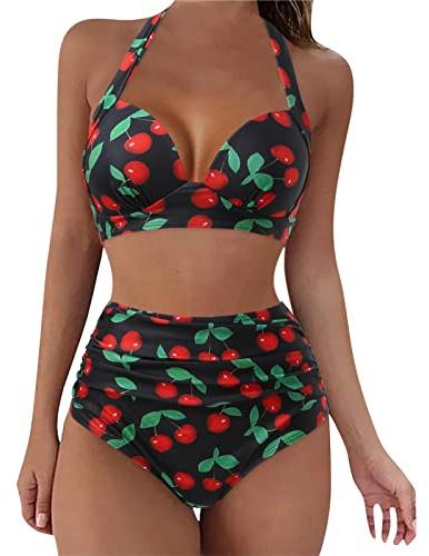 High Waisted Bikini Set UK, Push Up Breathable Beachwear, Spaghetti Strap Halterneck Women Bikini Set Swimwear High Waist Halter Neck Removable Soft Cups Mum Birthday Gifts Training Black