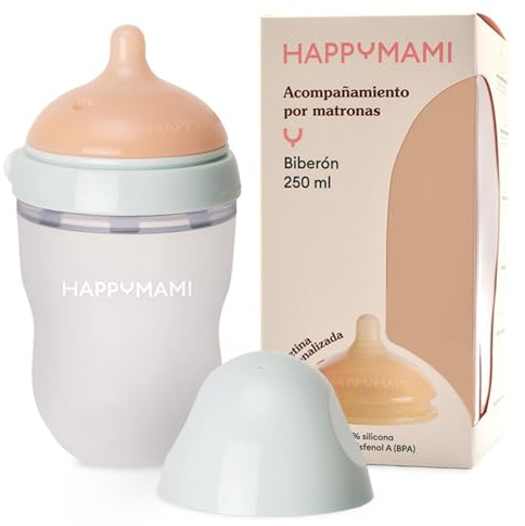 HappyMami, Biberón Diseñado a Medida,Tetina de Silicona Grado Alimentario,sin BPA, Doble Sistema Anticólicos, Apto para Lavavajillas, Para todo tipo de Lactancias(Turquesa 250ml)