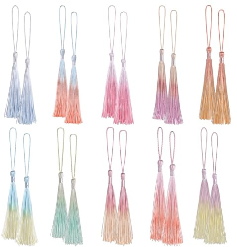 Bewudy Lot de 20 mini pompons 14 cm, marque-page passants cordon, 10 couleurs douces, faits à la main, bijoux bricolage décoration