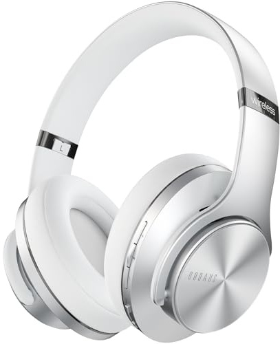 DOQAUS Bluetooth Headphones Over Ear, 90H Playtime, Bluetooth 5.3 Wireless Headphones, 3 EQ Mode, Foldable Hi-Fi Stereo Bass Headphones Wireless, Soft Earpad, Built-in Mic, for Phone PC Travel(Silver)