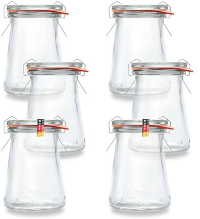 BAUER Flaschenbauer - Lot de 6 bocaux trapézoïdaux de 120 ml - Convient comme bocal de conservation et de fermentation - Pour le rangement, à remplir - Verres vides avec étrier métallique - Fabriqués