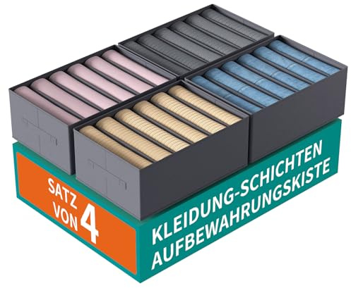 ORLISA 4er Set Kleiderschrank Organizer Faltbare Aufbewahrungsboxen mit 6 Fächern für Hosen Kleidung, Schubladen Ordnungssystem 42 x 30 x 17 cm, Grau