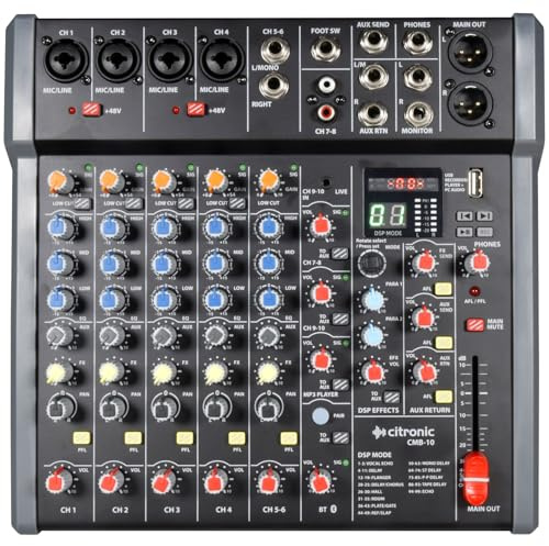 Citronic | CMB-Series Compact 4-Channel Audio Mixer with 99-Preset DSP Effects, USB Audio Interface, Bluetooth Streaming, and PC Connectivity for Live Sound and Studio Recording