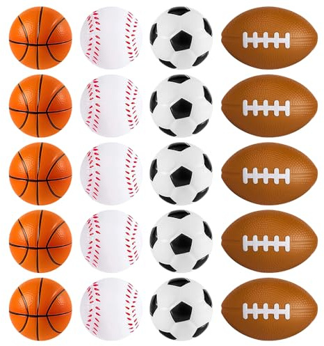 LUFEIS 20 Pcs Foam Balls, Include 5 Footballs, 5 Rugby Balls, 5 Basketballs, 5 Tennis Balls, Sponge Stress Ball for Kids, Sports Party Bag Fillers for Prizes Birthday Party Favours