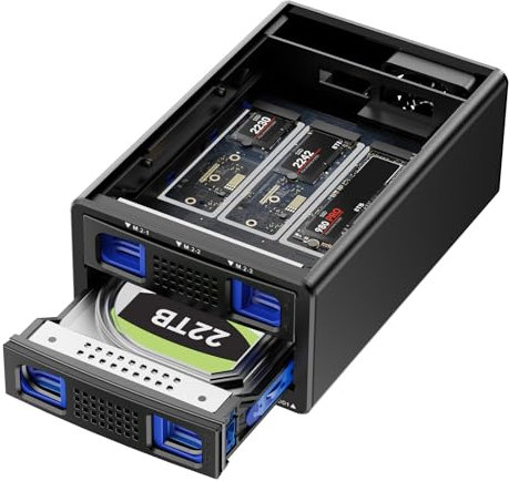 Hybrid 3.5 HDD+3*M.2 NVMe Gehäuse mit Lüfter für 2.5/3.5 SATA HDD/SSD, USB3.2 Gen2 10Gbps Festplattengehäuse unterstützt 2230/42/60/80/110 SSD mit 46TB Kapazität (22TB HDD+3*8TB M.2 SSD)