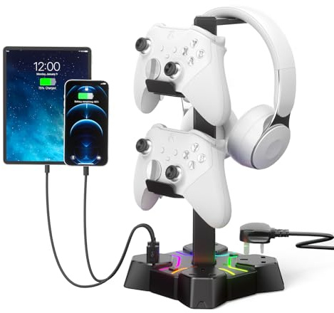KDD Headphone Stand with USB Charger, Controller Stand for Desk, Headset Stand Holder with 2 USB Charging Ports and 3 AC Outlets Extension Lead Socket,Gaming Headset Desk Accessories