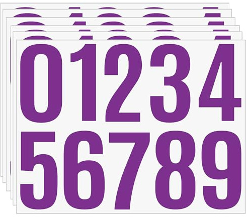 6 Sheets Number Stickers 0-9 in 4 Inch, Vinyl Adhesive Waterproof Decals for Address Mailbox, Outdoor Fence, Plastic Bin, Garage Numbering, Easy Peel Application（Purple）
