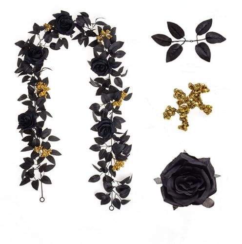 Guirlande de roses artificielles noires (1,75 m) - Fleurs rouges foncées et baies dorées - Guirlande florale d'Halloween et gothique pour mur, miroir, mariage, décoration de table (Style C53)