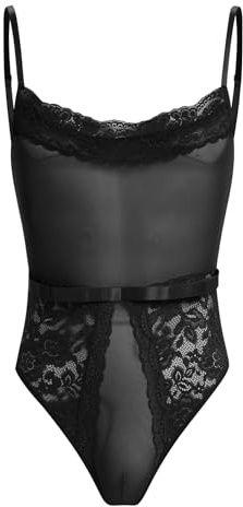 ABAFIP Men's Sissy Lingerie Bodysuit Sheer Lace Mesh Spaghetti Strap Cami Leotard Crossdress Underwear Black Large