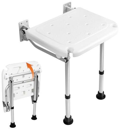 Folding Shower Seat, Wall-Mounted Shower Stool with Height Adjustment, Bathroom Hidden Wall Seat with Anti-slip Support Legs Chair for Elderly, Disabled, Pregnant Woman or Injured