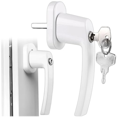 KRUMAD Tirador de ventana con cerradura, color blanco, tirador de ventana con llave y botón de presión, mango de aluminio estable para seguridad infantil y protección antirrobo, para ventanas y