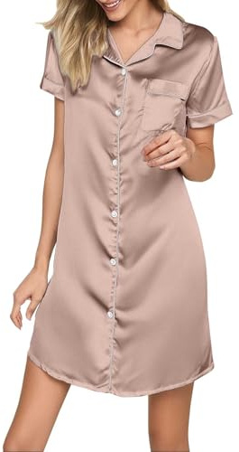 Leaomuny Camicia da Notte Parto Ospedale Manica Corta Seta Camicie Notte Donna Aperta Davanti Scollo a V Vestaglia Gravidanza Comodo Sottoveste Casual Taglie Forti da Casa Pigiama Vestito Morbido